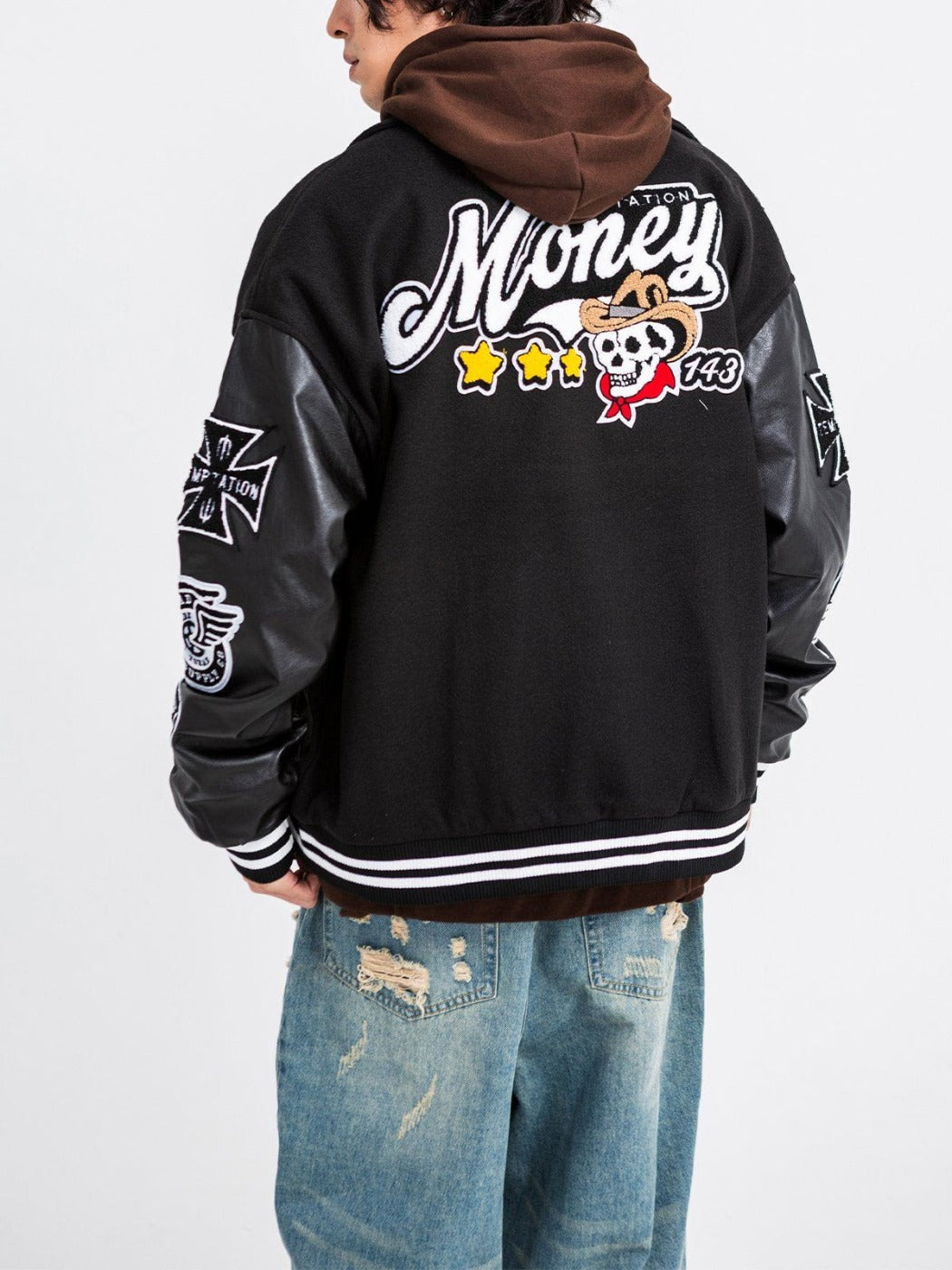 Veste universitaire en PU avec tête de mort et motif cowboy western 
