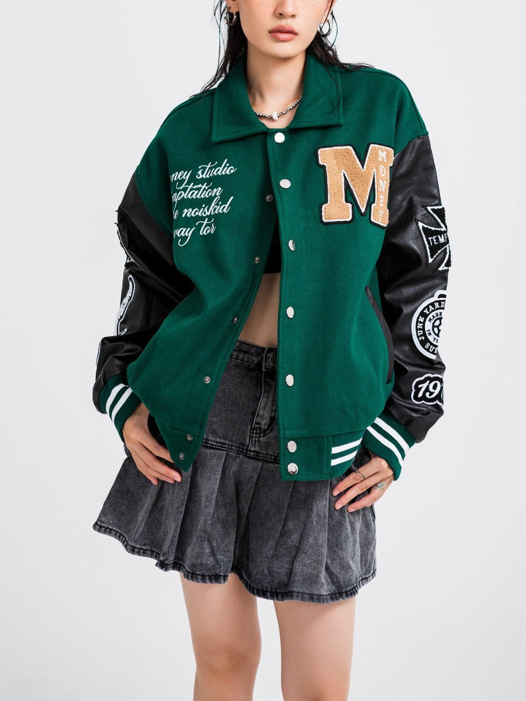 Veste universitaire en PU avec tête de mort et motif cowboy western 