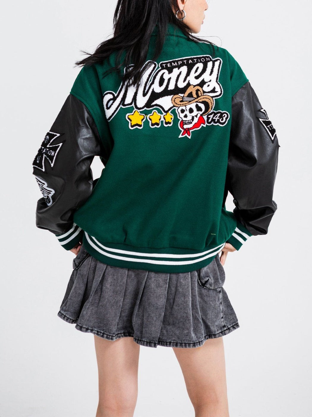 Veste universitaire en PU avec tête de mort et motif cowboy western 