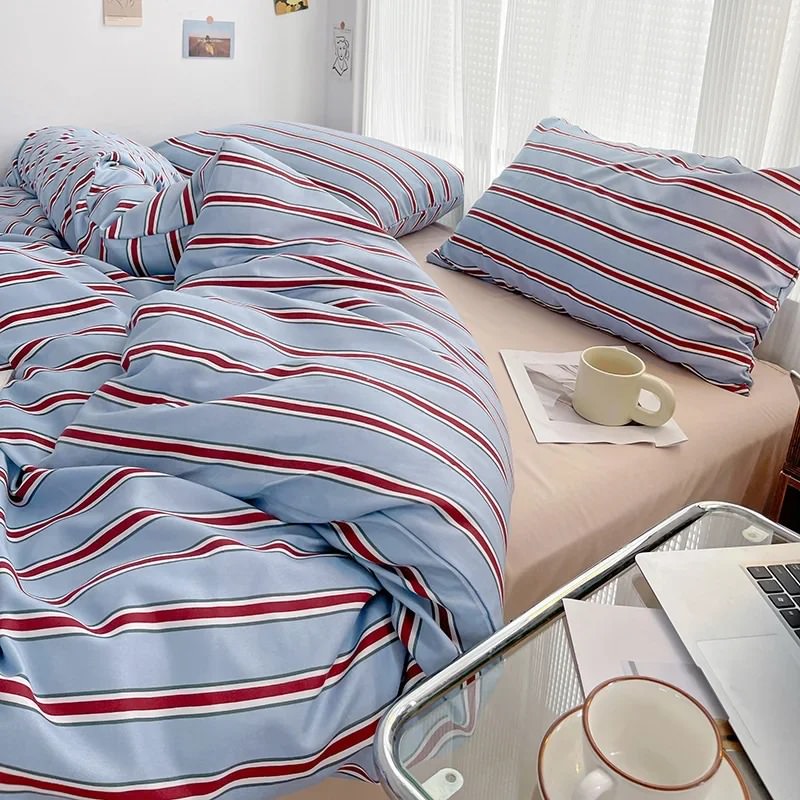 Minimalist Red Striped Light Blue Bedding Set