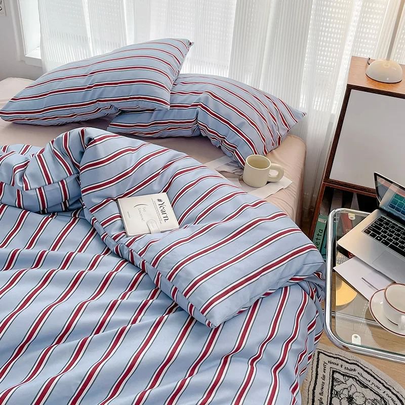 Minimalist Red Striped Light Blue Bedding Set