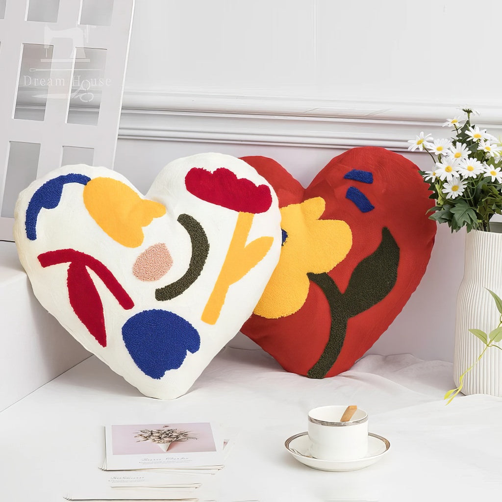 Modern Flowers Tufted Heart Shaped Pillow