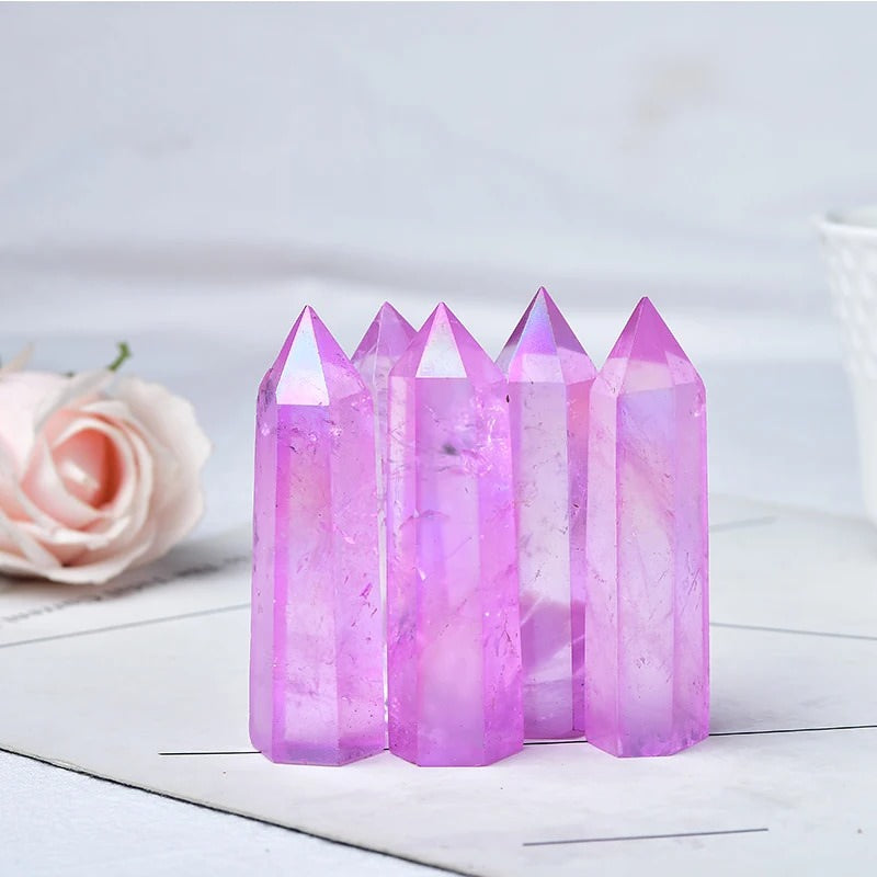 Purple Aura Clear Quartz Crystal Tower