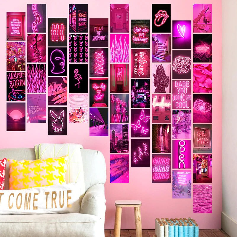 Pink Neon Wall Collage Cards