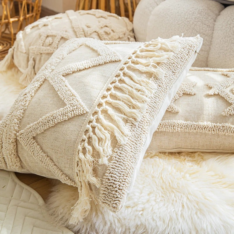 Beige Boho Tufted Cushion Cover