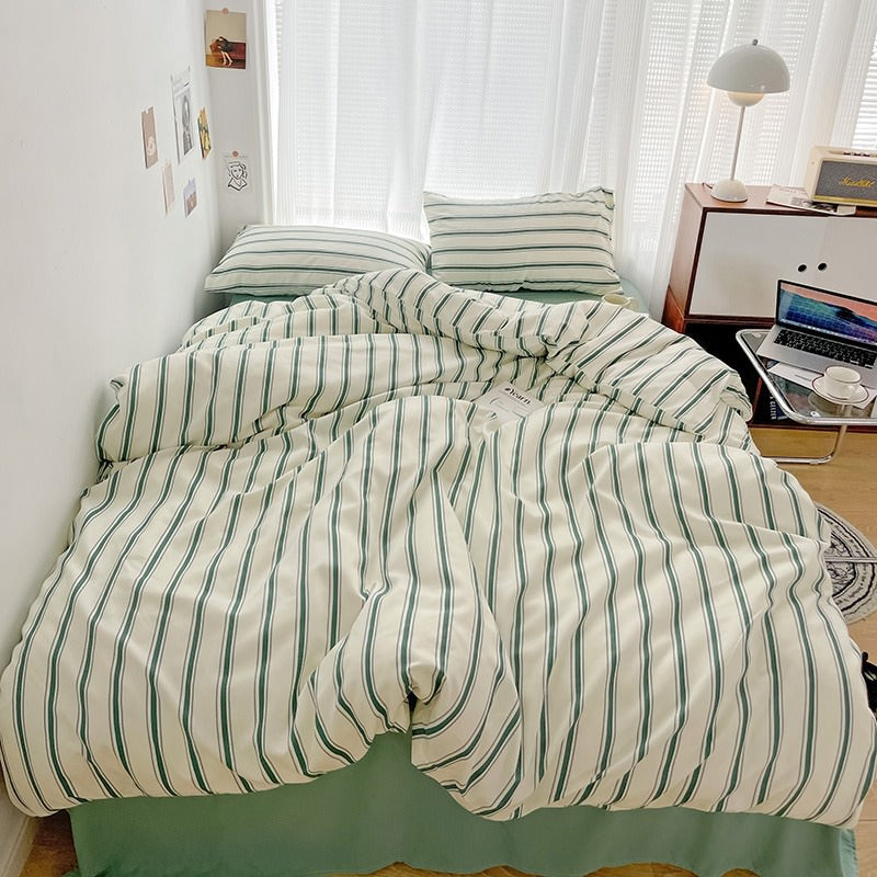 Minimalist Green Striped Sage Bedding Set