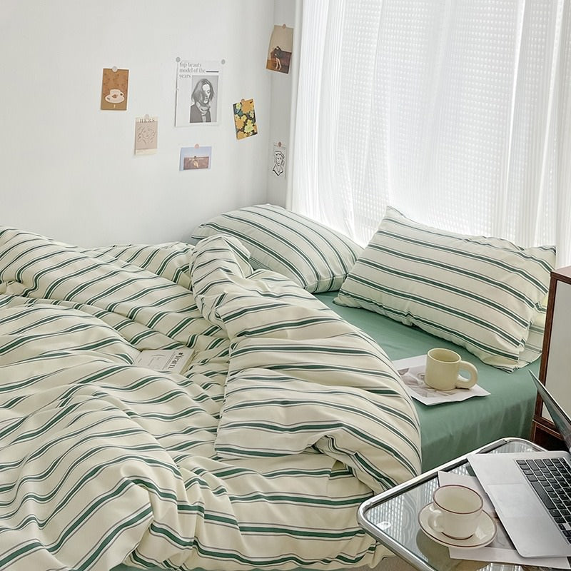 Minimalist Green Striped Sage Bedding Set