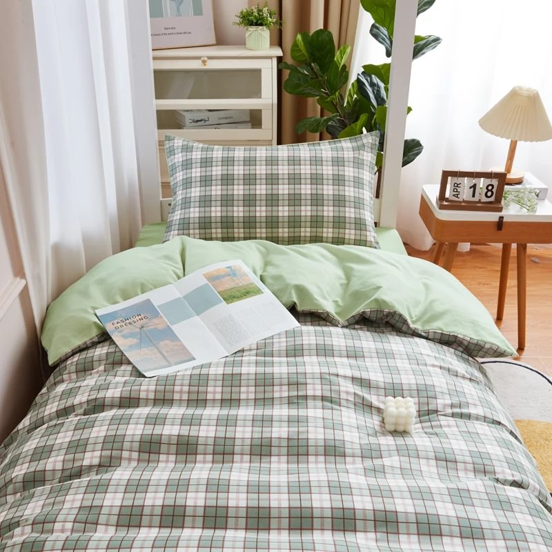 Sage Green Plaid Dorm Bedding Set