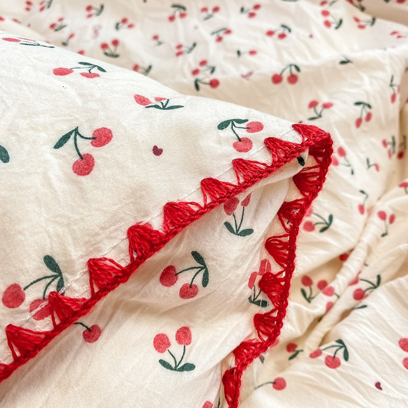 Stitched Edge Red Cherries Bedding Set