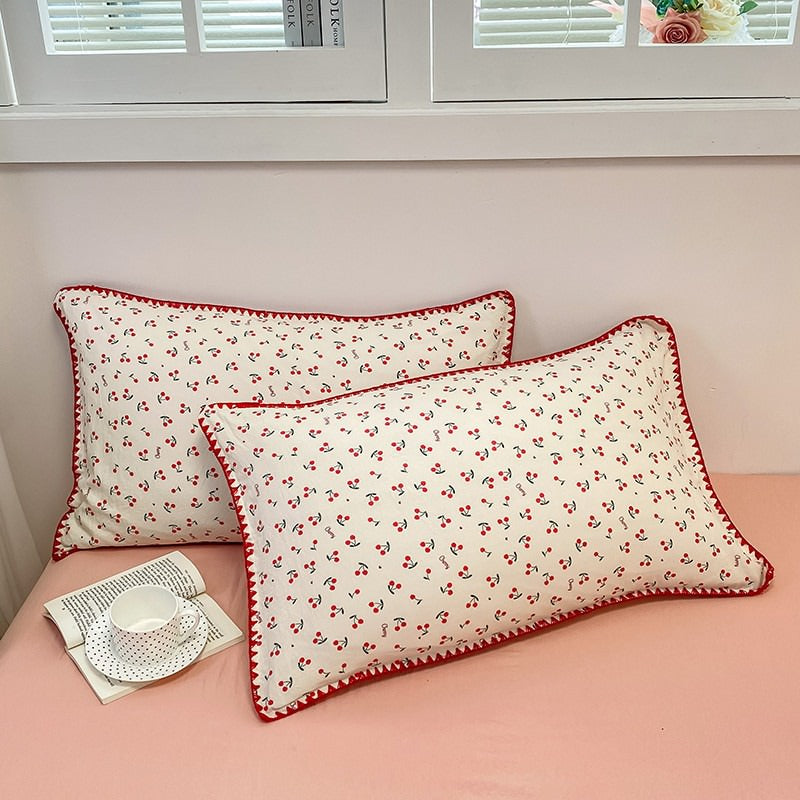 Stitched Edge Red Cherries Bedding Set