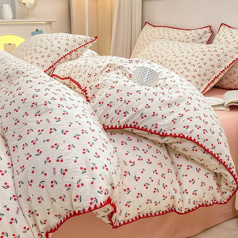 Stitched Edge Red Cherries Bedding Set