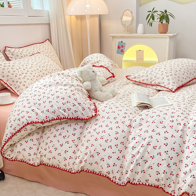 Stitched Edge Red Cherries Bedding Set