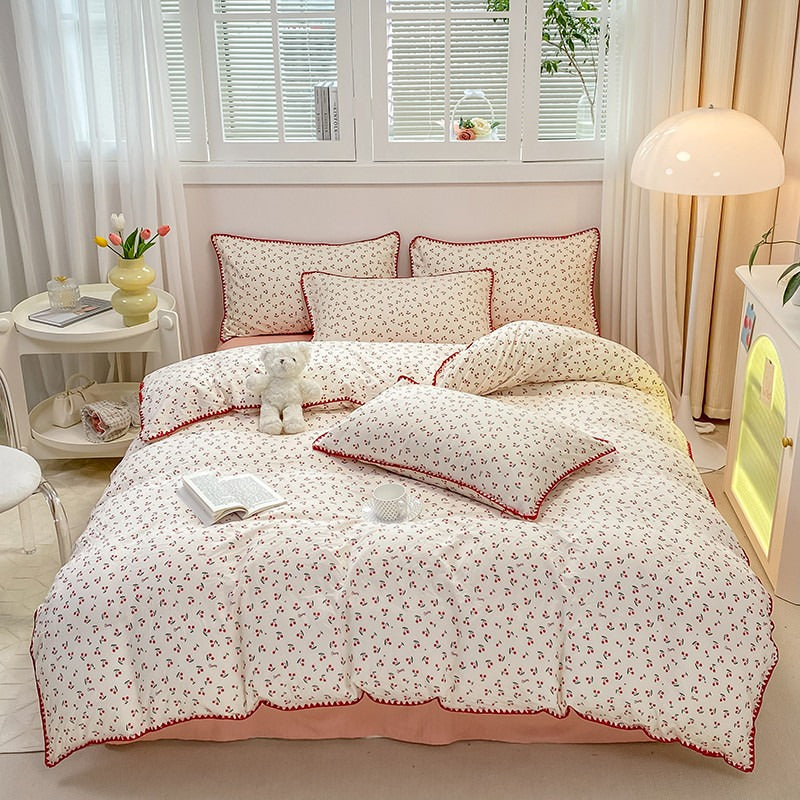 Stitched Edge Red Cherries Bedding Set