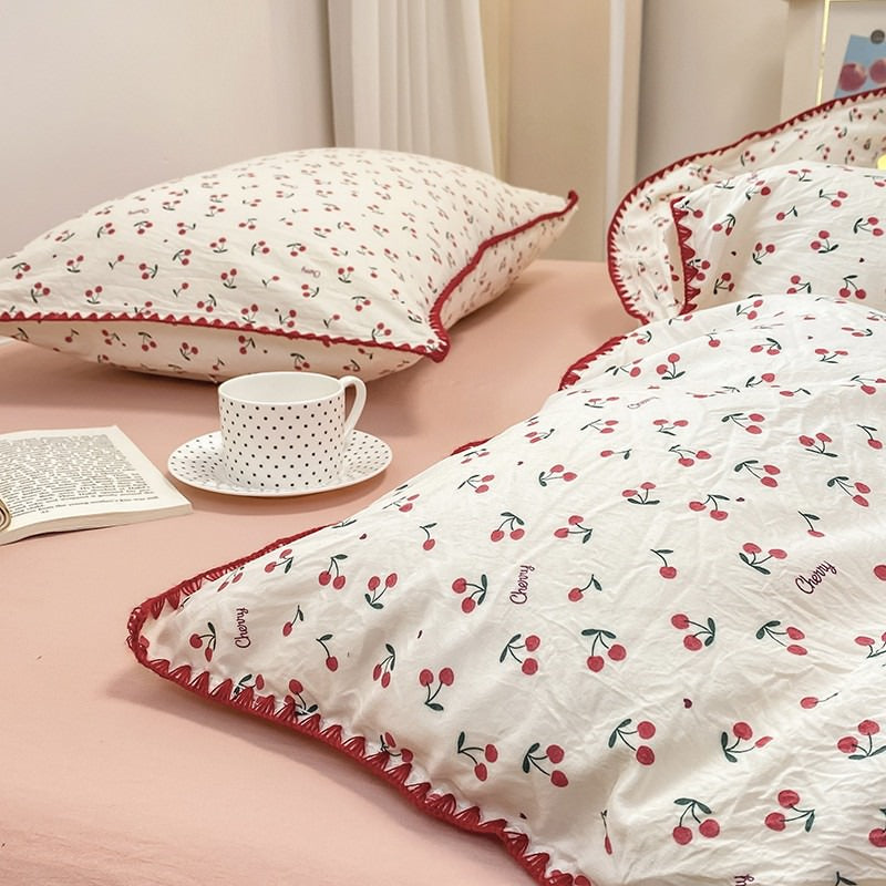 Stitched Edge Red Cherries Bedding Set