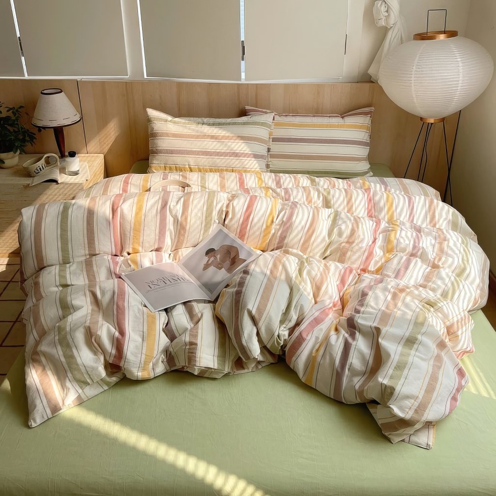 Vintage Pastel Striped Cotton Bedding Set