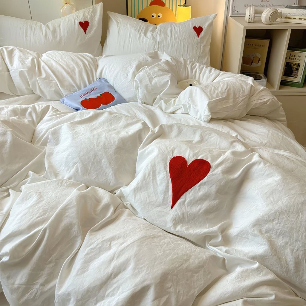 White Washed Cotton Bedding Set With Red Embroidered Heart