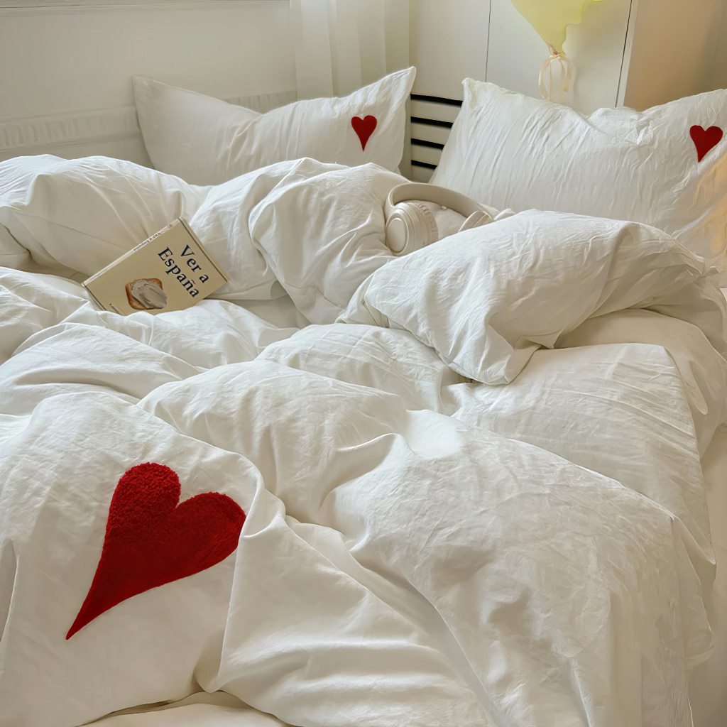 White Washed Cotton Bedding Set With Red Embroidered Heart