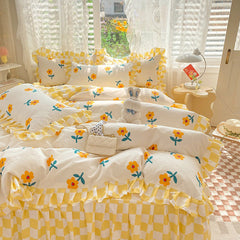 Yellow Flowers Kawaii Checkered Bedding Set