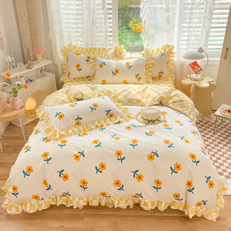 Yellow Flowers Kawaii Checkered Bedding Set