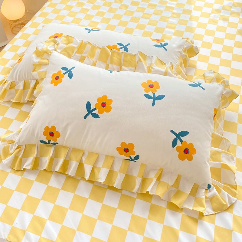 Yellow Flowers Kawaii Checkered Bedding Set