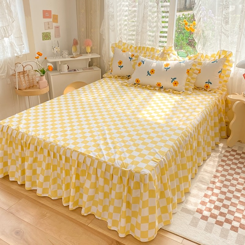 Yellow Flowers Kawaii Checkered Bedding Set