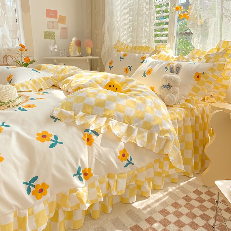 Yellow Flowers Kawaii Checkered Bedding Set