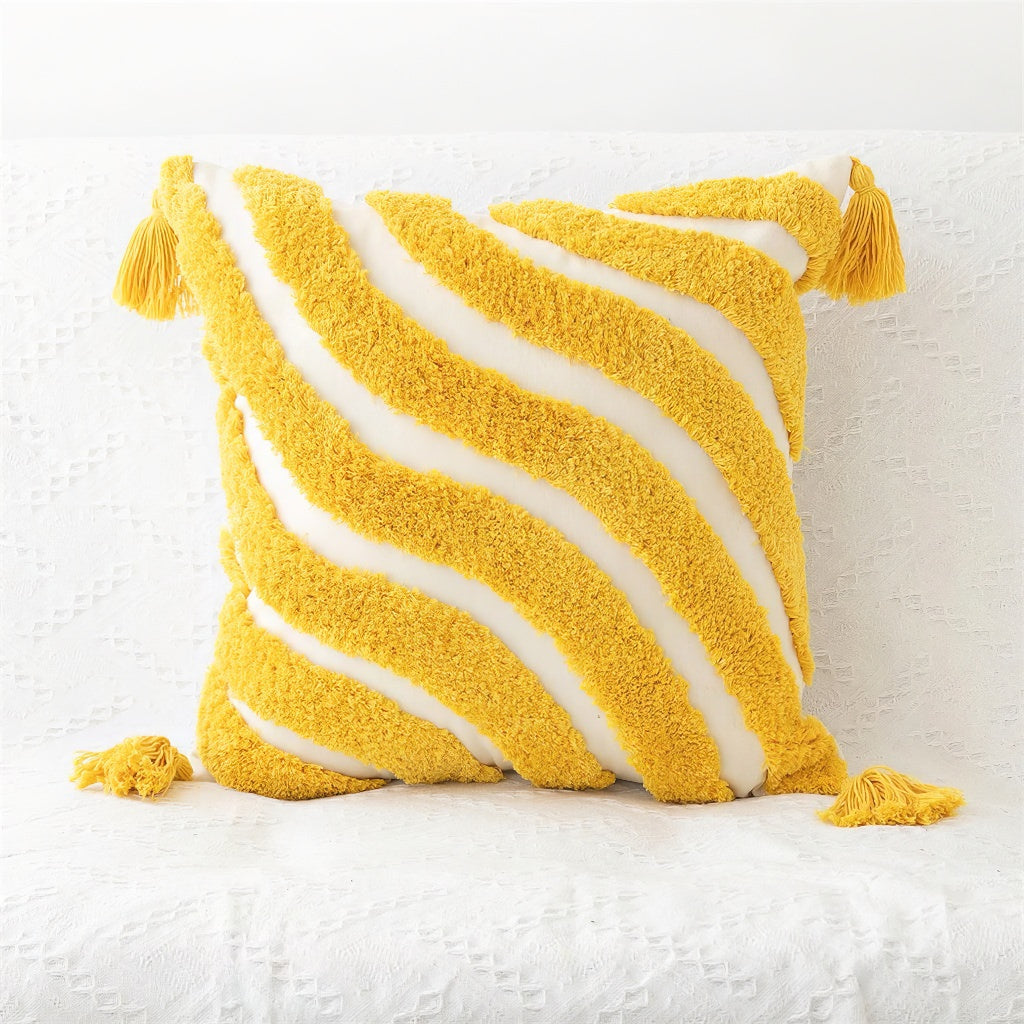 Wavy Yellow Stripes Tufted Cushion Cover